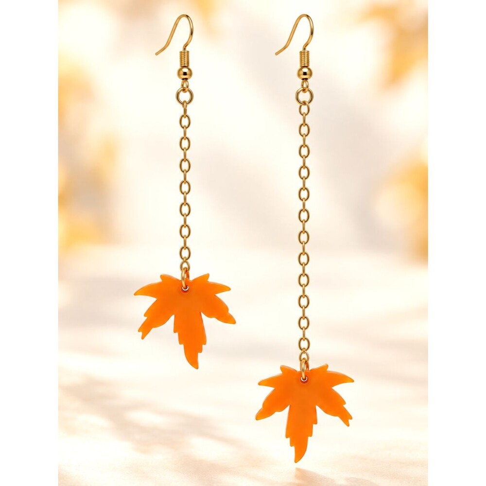 Asymmetrical Thanksgiving Maple Leaf Dangle Earrings Orange Acrylic Fall NEW